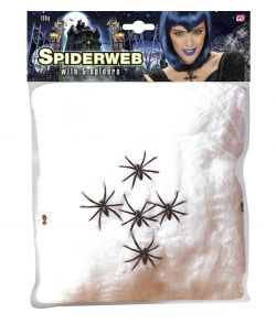 Kunstigt spindelvæv med 5 edderkopper til halloween dekoration.