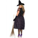 Hekse kostume med lang kjole med organza lag, bælte og heksehat.