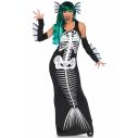 Havfrue skelet kostume med lang sort kjole med skelet motiv og hårbøjle.