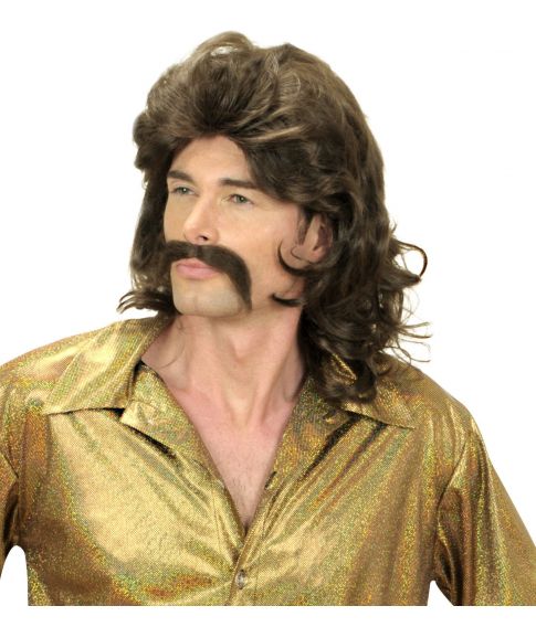 Brun paryk med moustache til 70er - udklædningen. - & Farver