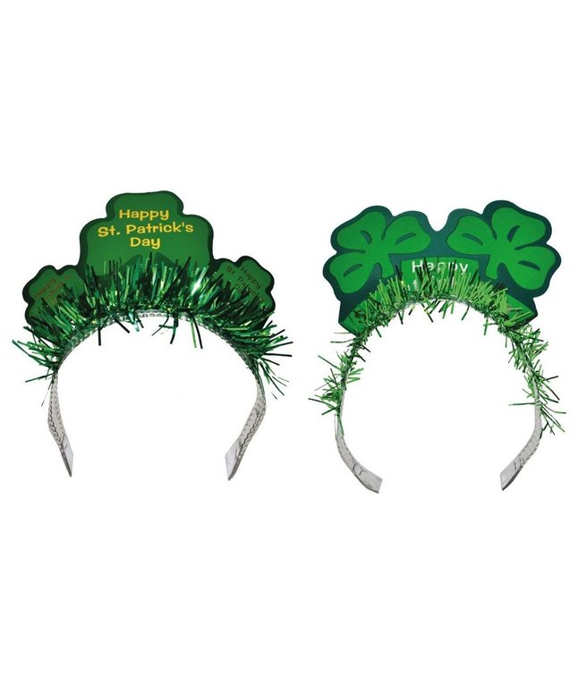 Sankt Patricks dag hårbøjle med grøn folie og papskilt.