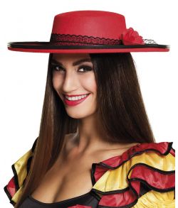 Flot rød spansk hat med sort blondebånd