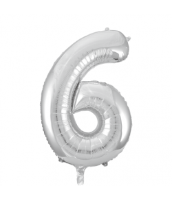 Sølv folie tal ballon med tallet 6 til luft og helium.