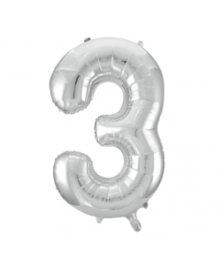 Sølv folie tal ballon med tallet 3 til luft og helium.