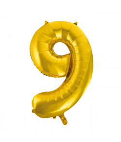 Guld folie tal ballon med tallet 9 til luft og helium. 86 cm.