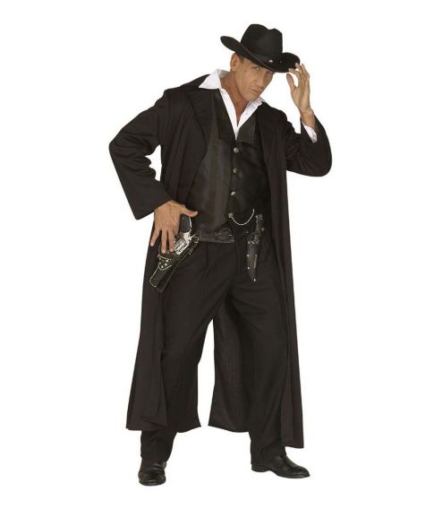 Lang sort frakke og sort vest til f.eks. cowboy udklædningen