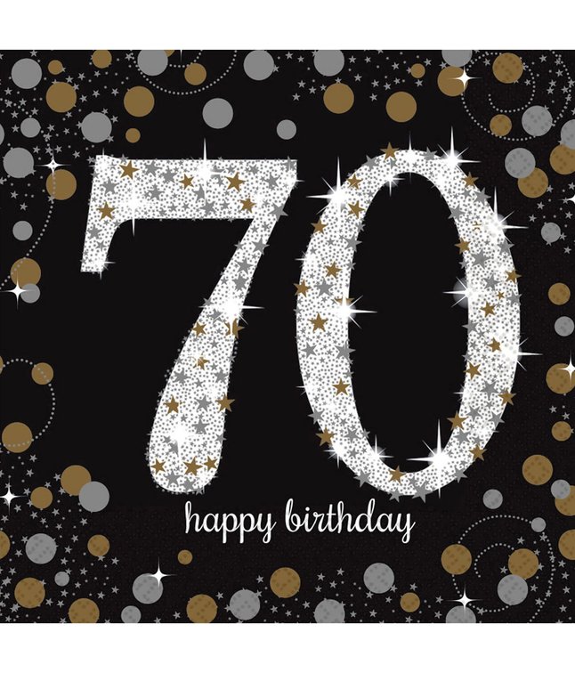 16 flotte 70 års fødselsdag servietter med sort, guld og sølv motiv