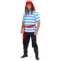 Pirat kostume med blå og hvid bluse, bukser, bælte og bandana.