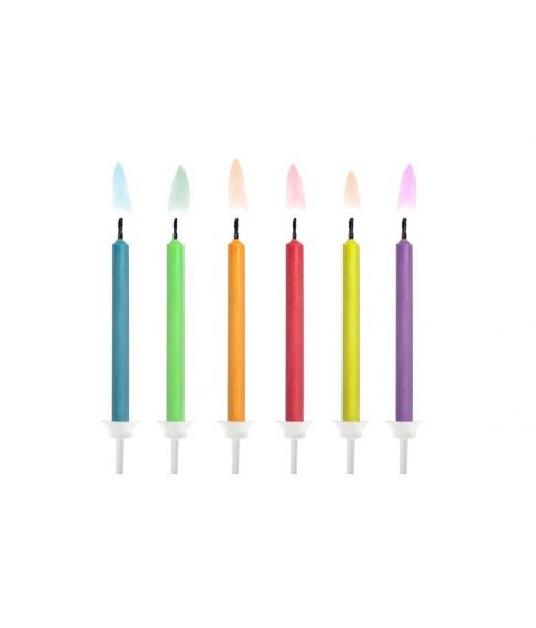 6 stk. lys til lagkagen i forskellige farver med farvet flamme