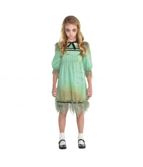 Uhyggeligt pige kostume med kjole til spøgelse pige til halloween.