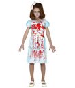Uhyggeligt pige kostume med blodig kjole til halloween.
