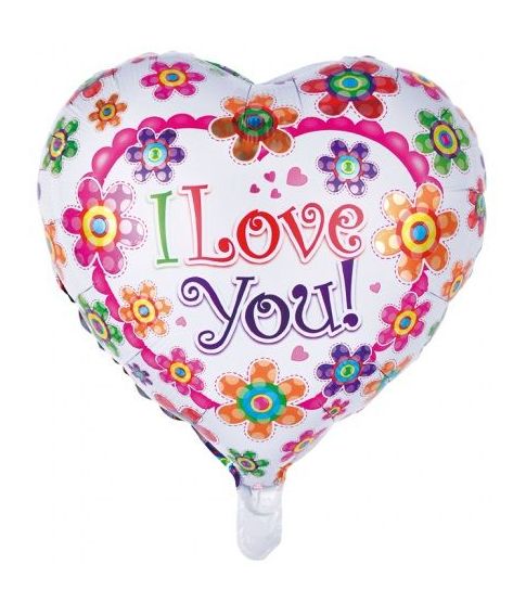 Hjerte formet folieballon med blomstret mønster og tekst