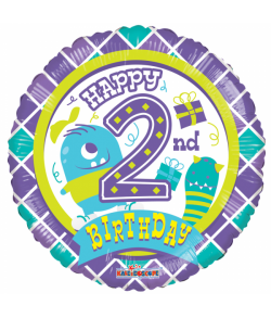 Rund folieballon med Happy Birthday til 2 års drenge fødselsdag.