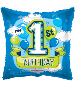 Firkantet blå folieballon til drengens 1. fødselsdag.
