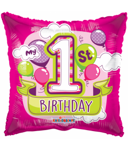 Firkantet pink folieballon til pigens 1. fødselsdag.