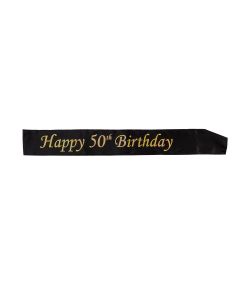 Sort skærf med guldtekst 'Happy 50th Birthday'