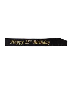 Sort skærf med guldtekst 'Happy 25th Birthday'