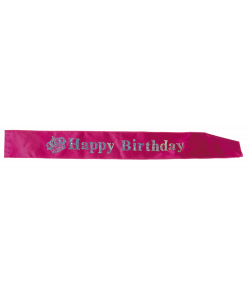 Pink Happy Birthday skærf med sølv tryk