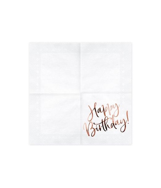 20 stk. hvide servietter med teksten 'Happy Birthday' i rose gold