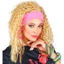Lang blond bølget paryk i 80er stil, med lyserødt pandebånd