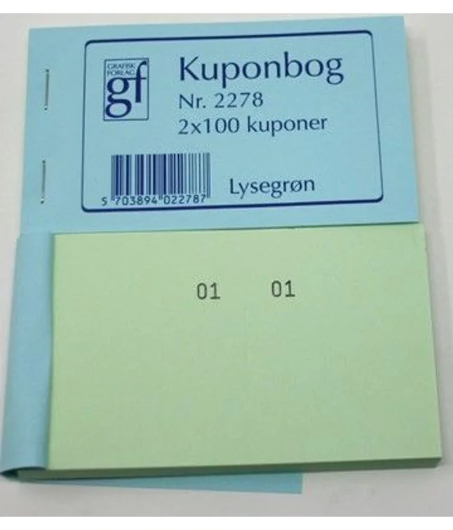 Lys grøn kuponbog med 2 kuponer af tallene 1-100
