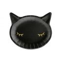 Flotte sorte katteansigt tallerkner med guld til halloween bordet.