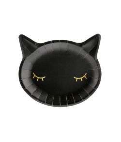 Flotte sorte katteansigt tallerkner med guld til halloween bordet.