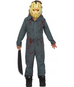 Blodigt jumpsuit og maske til Jason udklædningen.