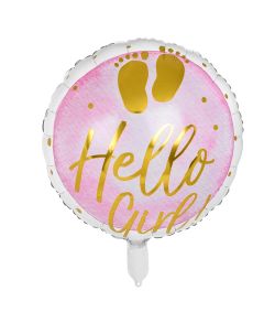 Flot rund folieballon med Hello Girl til barnedåb og babyshower