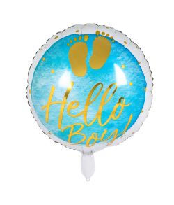 Flot rund folieballon med Hello Boy til barnedåb.
