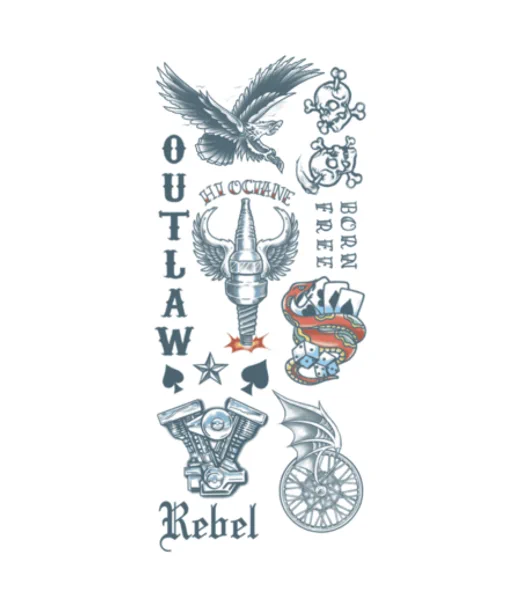 Pakke med engangstattoos af forskellige biker motiver