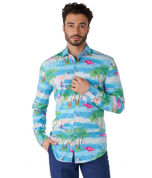 Flot lyseblå skjorte OppoSuits med palmer og flamingoer.