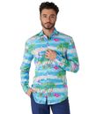 Flot lyseblå skjorte OppoSuits med palmer og flamingoer.