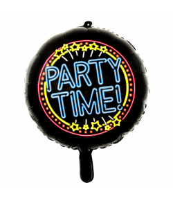 Rund sort folieballon med 'Party Time' i neon