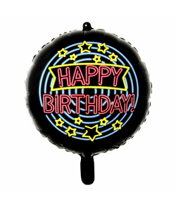 Rund sort folieballon med 'Happy Birthday' i neon