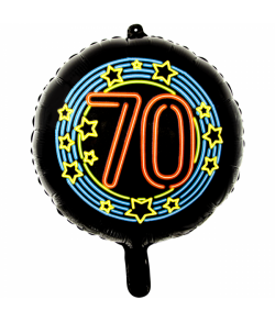 Rund sort folieballon med '70' i neon