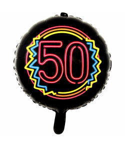 Rund sort folieballon med '50' i neon