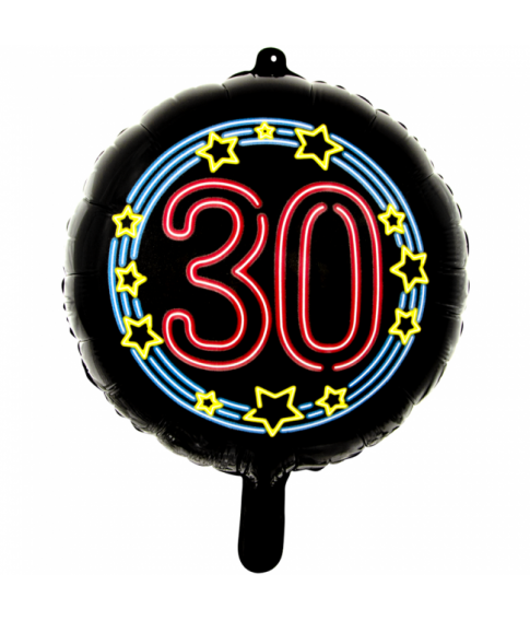 Rund sort folieballon med '30' i neon