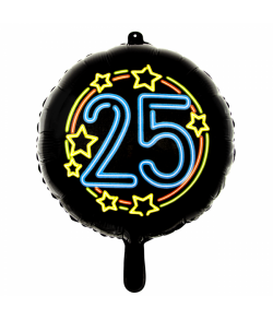 Rund sort folieballon med '25' i neon