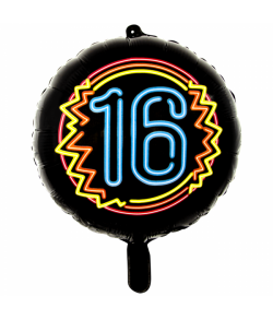 Rund sort folieballon med '16' i neon