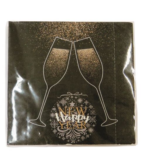 20 stk sorte papirservietter med nytårs motiv i guld