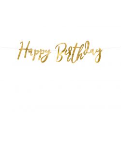 Flot Happy Birthday banner i guld til fødselsdagen