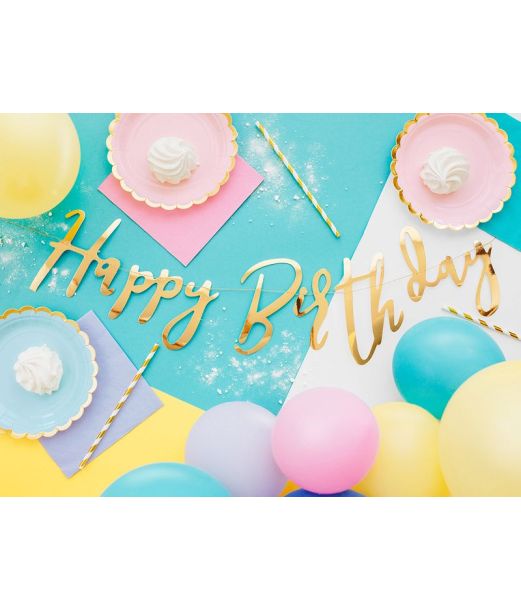 Flot Happy Birthday banner i guld til fødselsdagen