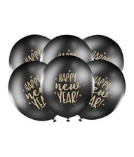 Sorte balloner med Happy New Year i guld med stjerner