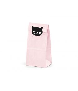 6 stk. lyserøde slikposer i papir med sorte katteansigter