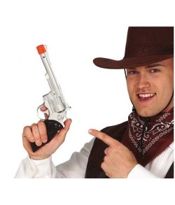 Flot sølvfarvet revolver i plastik til Cowboy udklædningen. 