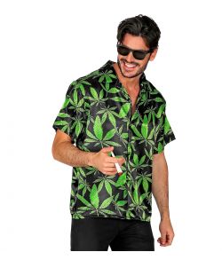 Sjov sort skjorte med grønne cannabisblade.