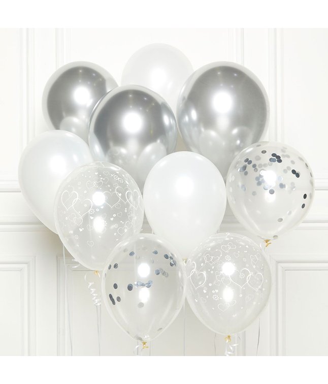 Flot sølv ballon buket til sølvbryllup.
