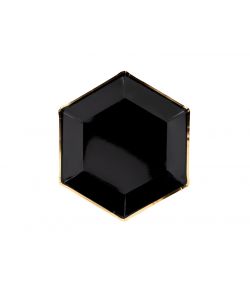 Flotte sorte sekskantet pap tallerkner med guldkant.