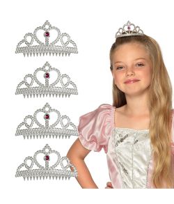 Sæt med 4 stk. prinsesse tiara i sølv med pink sten